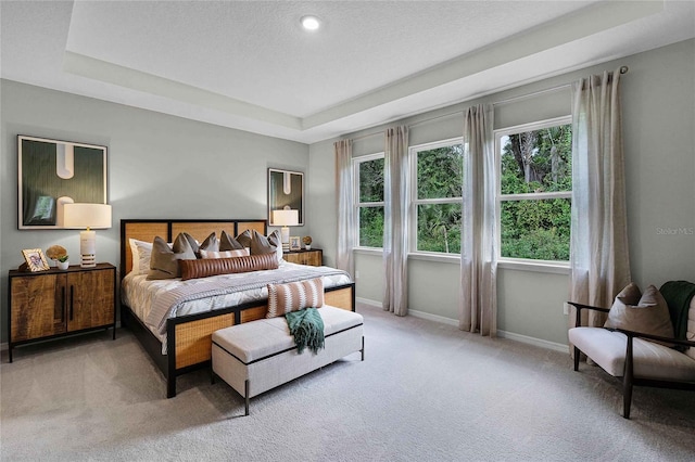 carpeted bedroom with a raised ceiling, a textured ceiling, and baseboards