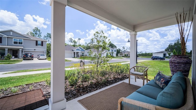 view of patio featuring a garage