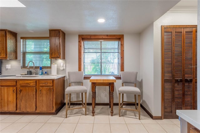 kitchen with a textured ceiling, a healthy amount of sunlight, sink, and tasteful backsplash