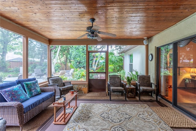 sunroom featuring ceiling fan and wooden ceiling