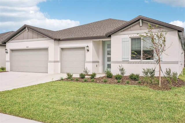 single story home featuring a garage and a front yard