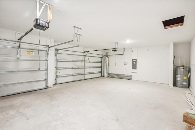 garage with electric panel, gas water heater, electric water heater, and a garage door opener