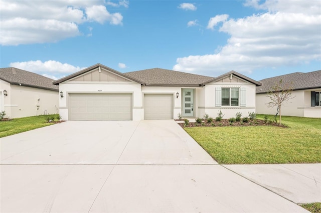 single story home with a garage and a front lawn