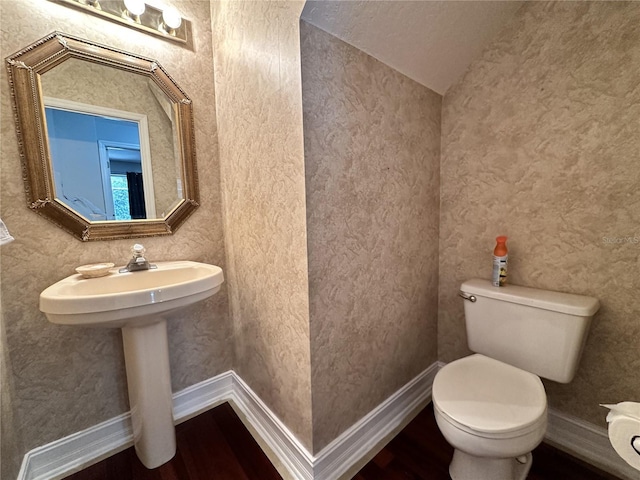 bathroom featuring lofted ceiling, hardwood / wood-style floors, and toilet