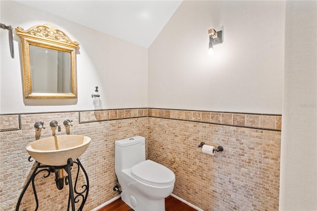 bathroom featuring toilet, tile walls, wood-type flooring, and sink