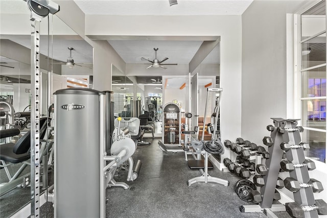 gym featuring ceiling fan and a textured ceiling