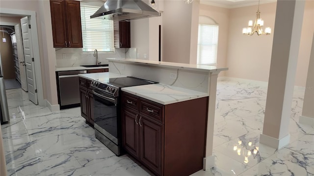 kitchen featuring sink, dishwasher, hanging light fixtures, island range hood, and range with electric stovetop