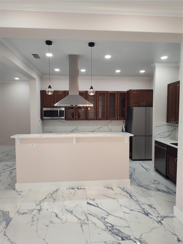 kitchen featuring stainless steel appliances, island exhaust hood, pendant lighting, and dark brown cabinetry