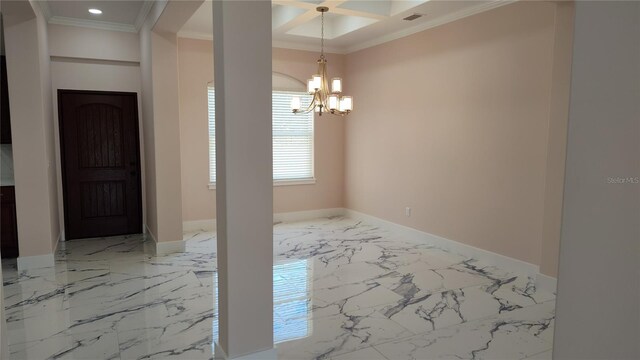 entrance foyer with crown molding, coffered ceiling, and a chandelier