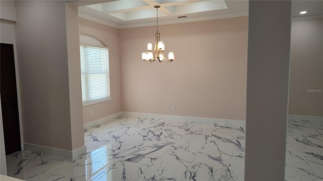 empty room featuring coffered ceiling, ornamental molding, and a healthy amount of sunlight