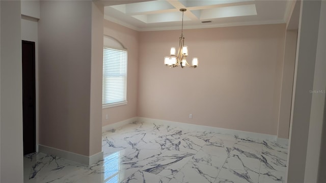 empty room featuring crown molding, coffered ceiling, and a notable chandelier