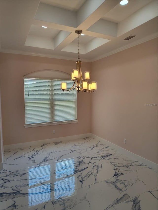 spare room featuring ornamental molding, coffered ceiling, a notable chandelier, plenty of natural light, and beam ceiling