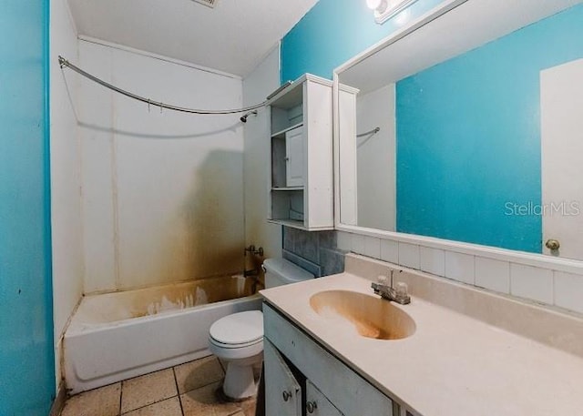 full bathroom featuring vanity, shower / tub combination, backsplash, tile patterned flooring, and toilet