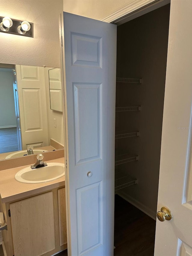 bathroom featuring vanity and wood-type flooring