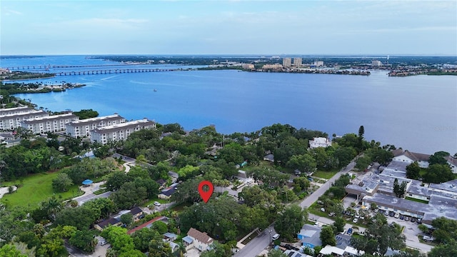 drone / aerial view with a water view