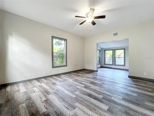 empty room with wood-type flooring, a wealth of natural light, and ceiling fan