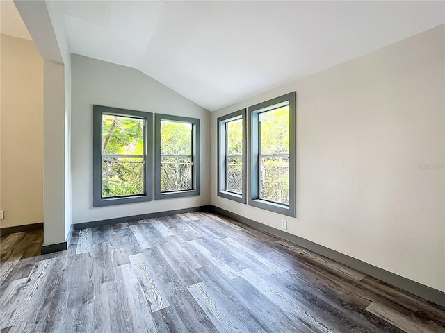 unfurnished room with lofted ceiling and hardwood / wood-style floors