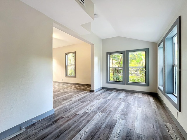 unfurnished room with lofted ceiling and wood-type flooring