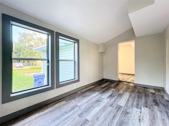 spare room featuring lofted ceiling and hardwood / wood-style floors