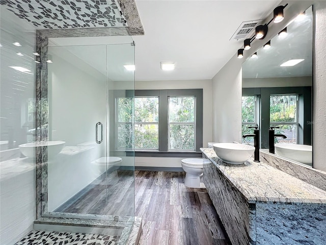 bathroom with vanity, toilet, a shower with shower door, and hardwood / wood-style floors