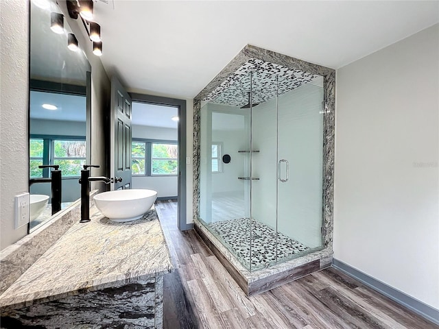 bathroom featuring plus walk in shower, vanity, and wood-type flooring