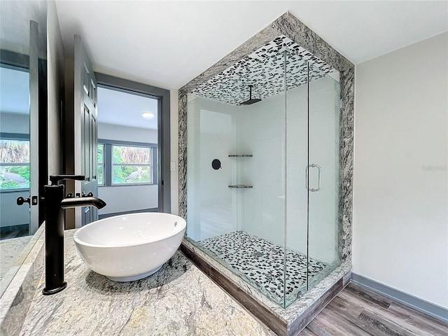 bathroom featuring walk in shower, wood-type flooring, and sink