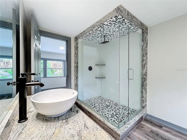 bathroom with wood-type flooring, sink, and an enclosed shower