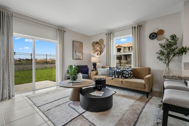 living room featuring light tile patterned floors