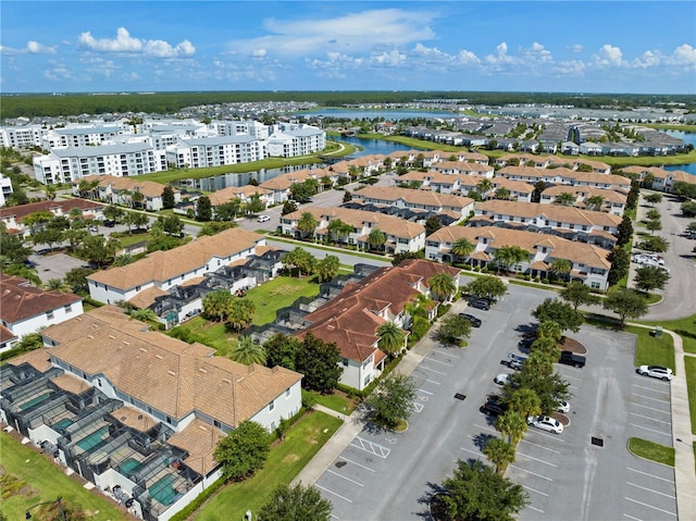 aerial view featuring a water view