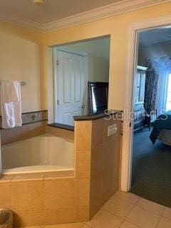 bathroom with tile patterned flooring and ornamental molding