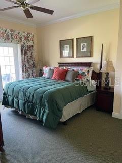 bedroom with carpet flooring, crown molding, and ceiling fan