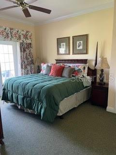 bedroom featuring carpet, crown molding, and ceiling fan