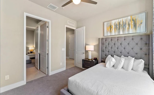 carpeted bedroom with ceiling fan