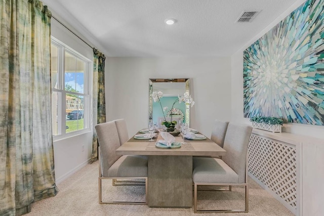 dining room featuring light carpet and a textured ceiling