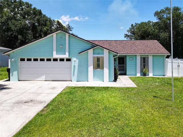 ranch-style house with a front yard and a garage