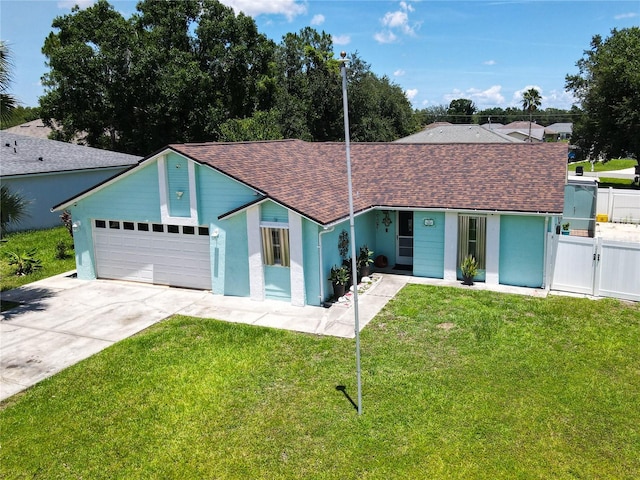 ranch-style house featuring a garage and a front lawn