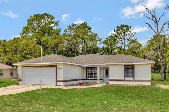 single story home with a garage and a front yard