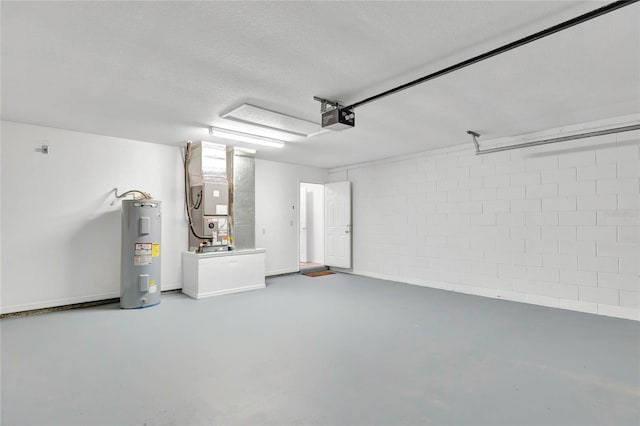 garage with heating unit, a garage door opener, and electric water heater