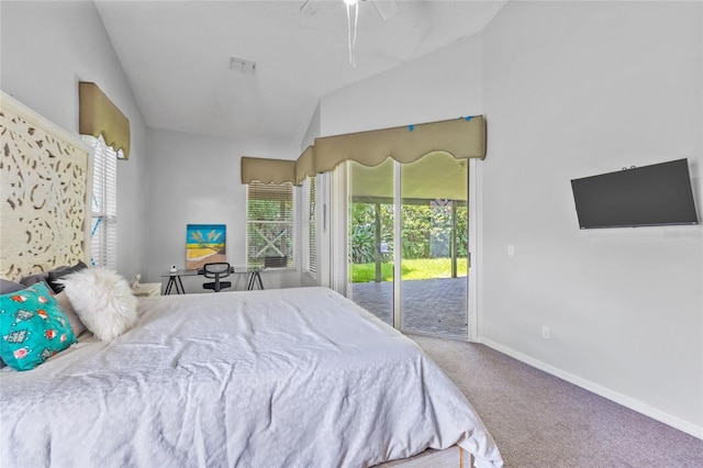 bedroom featuring vaulted ceiling, ceiling fan, access to exterior, and carpet floors