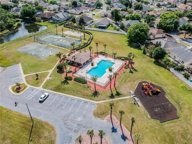 bird's eye view with a water view