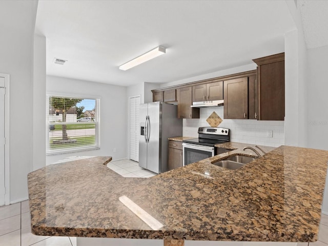 kitchen with sink, decorative backsplash, stainless steel appliances, and kitchen peninsula