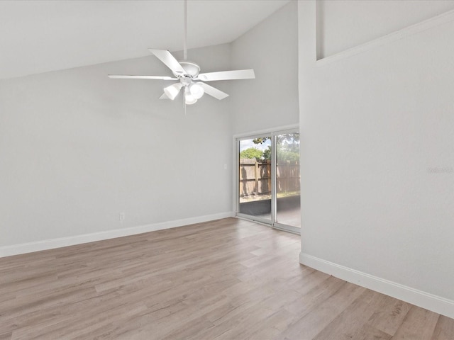 unfurnished room featuring ceiling fan, high vaulted ceiling, and light hardwood / wood-style floors