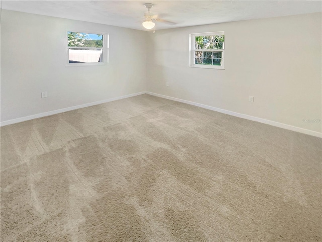 unfurnished room featuring plenty of natural light, carpet flooring, and ceiling fan