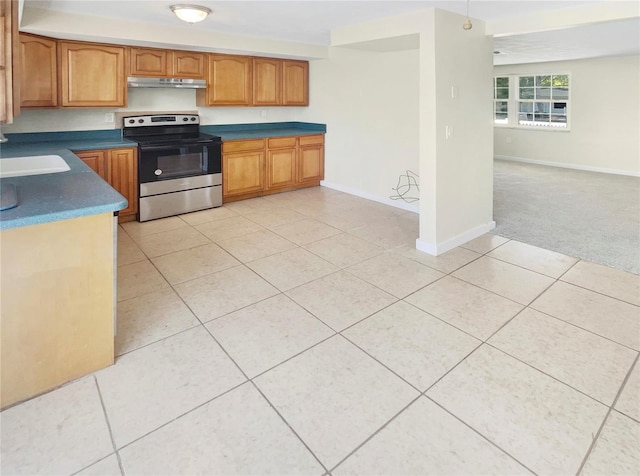 kitchen with light carpet, sink, and stainless steel range with electric stovetop