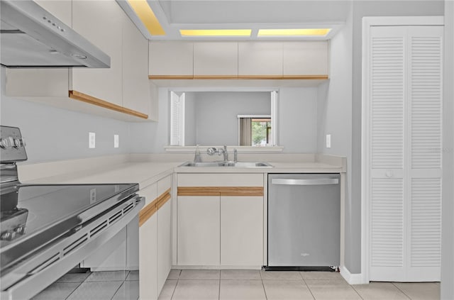 kitchen featuring white cabinetry, sink, ventilation hood, and appliances with stainless steel finishes