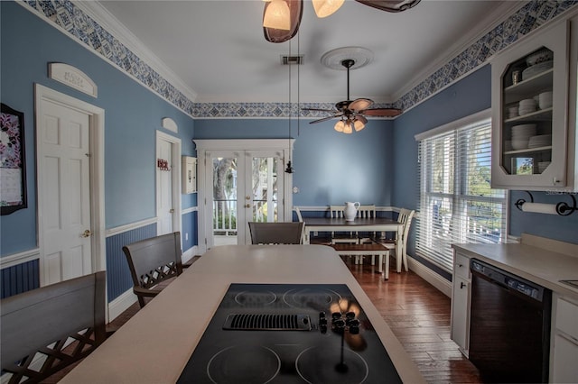 kitchen with french doors, white cabinetry, crown molding, dark hardwood / wood-style flooring, and black appliances