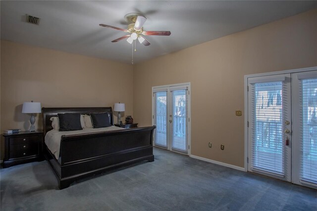 carpeted bedroom with access to exterior, multiple windows, french doors, and ceiling fan