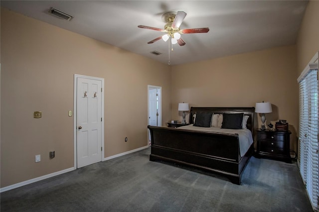 bedroom featuring dark colored carpet and ceiling fan