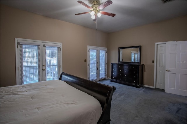 carpeted bedroom with access to outside, french doors, and ceiling fan