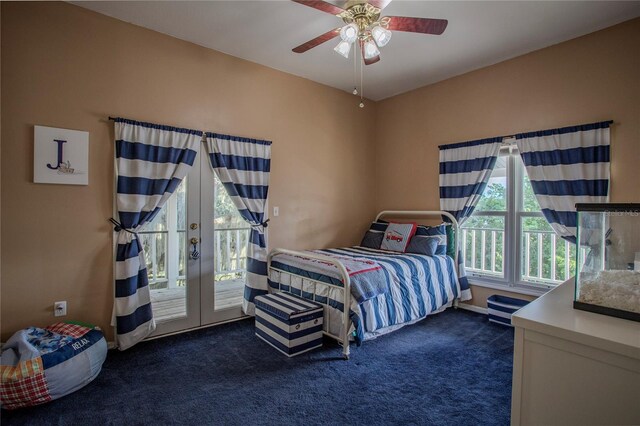 carpeted bedroom featuring french doors, access to exterior, and ceiling fan